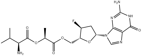 L-Valine, ester with 2',3'-dideoxy-3'-fluoroguanosine 5'-[(2S)-2-hydroxypropanoate] Structural