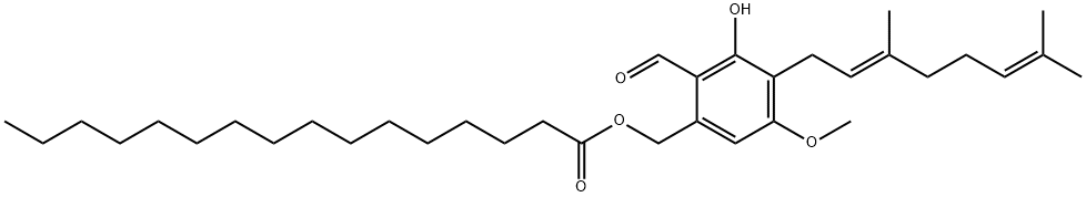 Hexadecanoic acid, [4-[(2E)-3,7-dimethyl-2,6-octadien-1-yl]-2-formyl-3-hydroxy-5-methoxyphenyl]methyl ester Structural