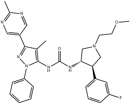 Urea, N-[(3S,4R)-4-(3-fluorophenyl)-1-(2-methoxyethyl)-3-pyrrolidinyl]-N'-[4-methyl-3-(2-methyl-5-pyrimidinyl)-1-phenyl-1H-pyrazol-5-yl]- Structural