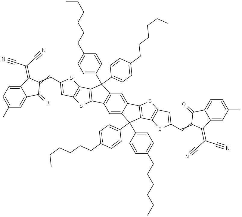 Propanedinitrile, 2,2′-[[6,6,12,12-tetrakis(4-hexylphenyl)-6,12-dihydrodithieno[2,3-d:2′,3′-d′]-s-indaceno[1,2-b:5,6-b′]dithiophene-2,8-diyl]bis[methylidyne(5-methyl-3-oxo-1H-indene-2,1(3H)-diylidene)]]bis- Structural