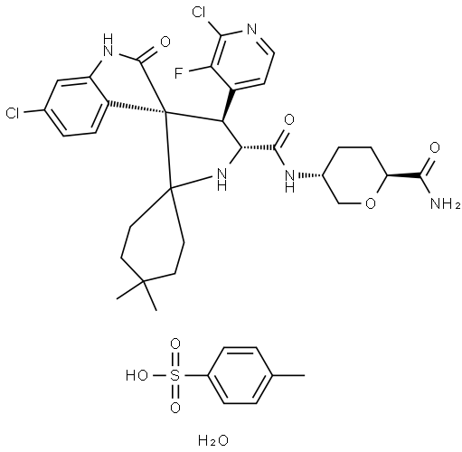 L-erythro-Hexonamide, 2,6-anhydro-5-[[[(3′R,4′S,5′R)-6′′-chloro-4′-(2-chloro-3-fluoro-4-pyridinyl)-1′′,2′′-dihydro-4,4-dimethyl-2′′-oxodispiro[cyclohexane-1,2′-pyrrolidine-3′,3′′-[3H]indol]-5′-yl]carbonyl]amino]-3,4,5-trideoxy-, 4-methylbenzenesulfonate, hydrate (1:1:1) Structural