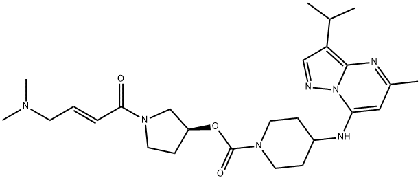 1-?Piperidinecarboxylic acid, 4-?[[5-?methyl-?3-?(1-?methylethyl)?pyrazolo[1,?5-?a]?pyrimidin-?7-?yl]?amino]?-?, (3S)?-?1-?[(2E)?-?4-?(dimethylamino)?-?1-?oxo-?2-?buten-?1-?yl]?-?3-?pyrrolidinyl ester Structural