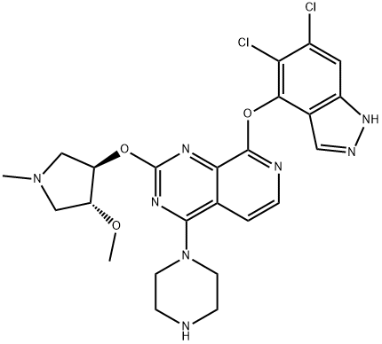 Pyrido[3,4-d]pyrimidine, 8-[(5,6-dichloro-1H-indazol-4-yl)oxy]-2-[[(3R,4R)-4-methoxy-1-methyl-3-pyrrolidinyl]oxy]-4-(1-piperazinyl)- Structural