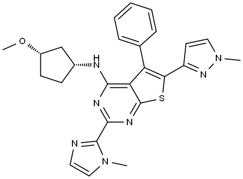 Thieno[2,3-d]pyrimidin-4-amine, N-[(1R,3S)-3-methoxycyclopentyl]-2-(1-methyl-1H-imidazol-2-yl)-6-(1-methyl-1H-pyrazol-3-yl)-5-phenyl-, rel- Structural