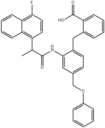 Benzoic acid, 2-[[2-[[2-(4-fluoro-1-naphthalenyl)-1-oxopropyl]amino]-4-(phenoxymethyl)phenyl]methyl]- Structural