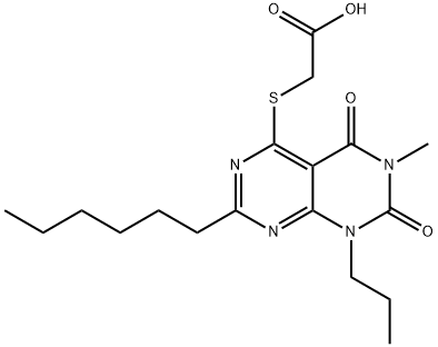 Acetic acid, 2-[(2-hexyl-5,6,7,8-tetrahydro-6-methyl-5,7-dioxo-8-propylpyrimido[4,5-d]pyrimidin-4-yl)thio]- Structural