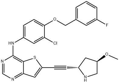Thieno[3,2-d]pyrimidin-4-amine, N-[3-chloro-4-[(3-fluorophenyl)methoxy]phenyl]-6-[2-[(2S,4R)-4-methoxy-2-pyrrolidinyl]ethynyl]- Structural