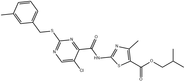 isobutyl 2-(5-chloro-2-((3-methylbenzyl)thio)pyrimidine-4-carboxamido)-4-methylthiazole-5-carboxylate Structural