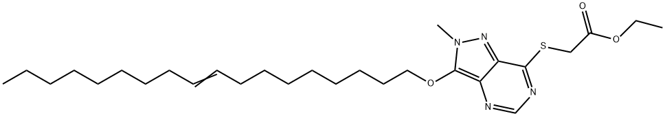 Acetic acid, [[2-methyl-3-(9-octadecenyloxy)-2H-pyrazolo[4,3-d]pyrimidin-7-yl]thio]-, ethyl ester (9CI) Structural