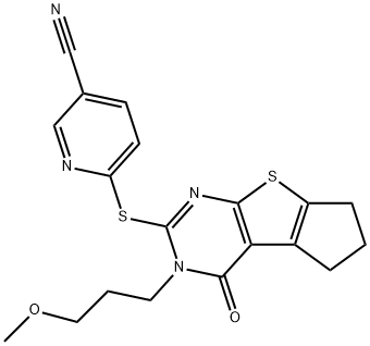 3-?Pyridinecarbonitrile?, 6-?[[4,?5,?6,?7-?tetrahydro-?3-?(3-?methoxypropyl)?-?4-?oxo-?3H-?cyclopenta[4,?5]?thieno[2,?3-?d]?pyrimidin-?2-?yl]?thio]?- Structural