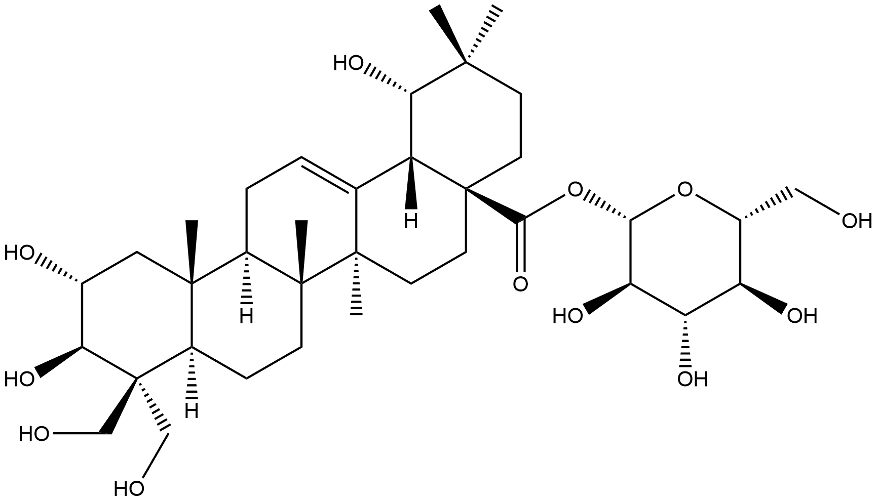Olean-12-en-28-oic acid, 2,3,19,23,24-pentahydroxy-, β-D-glucopyranosyl ester, (2α,3β,19α)- Structural