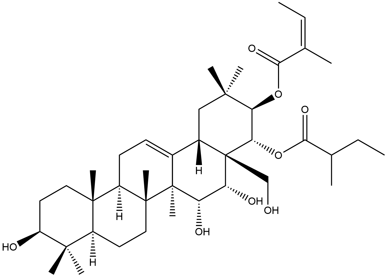 Olean-12-ene-3,15,16,21,22,28-hexol, 22-(2-methylbutanoate) 21-[(2Z)-2-methyl-2-butenoate], (3β,15α,16α,21β,22α)- Structural