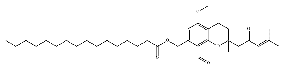 Hexadecanoic acid, [8-formyl-3,4-dihydro-5-methoxy-2-methyl-2-(4-methyl-2-oxo-3-penten-1-yl)-2H-1-benzopyran-7-yl]methyl ester Structural