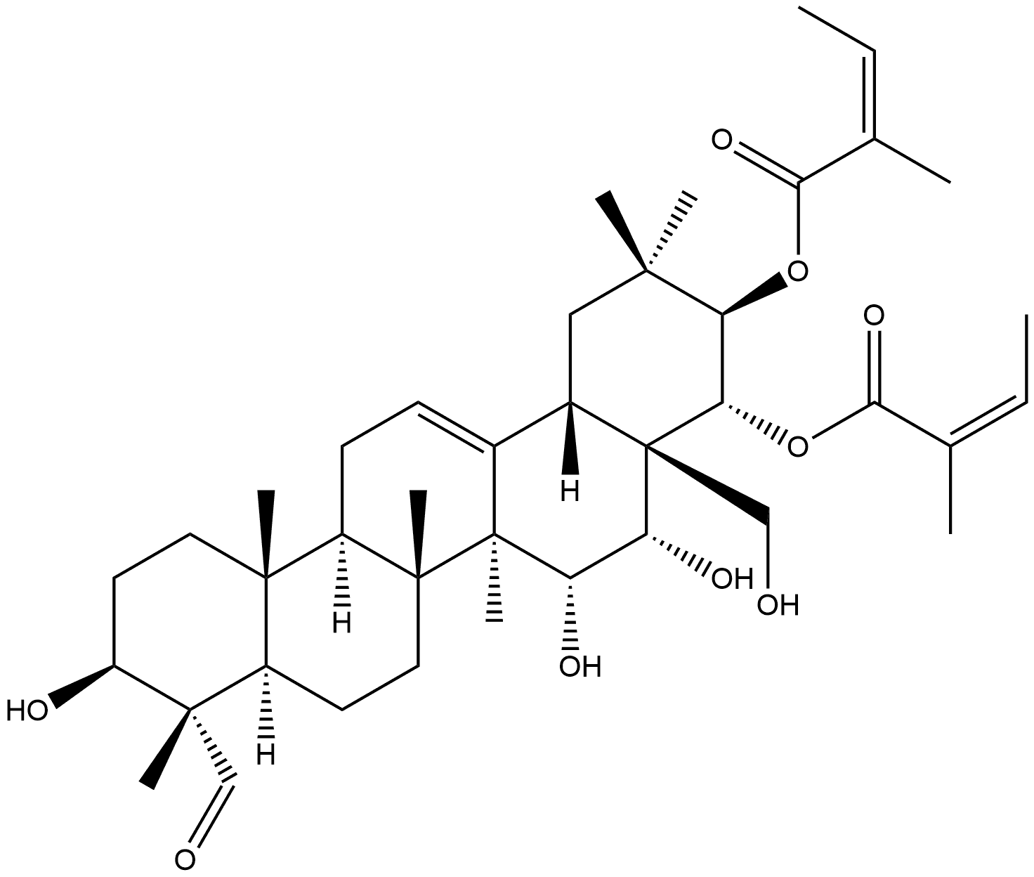 Olean-12-en-23-al, 3,15,16,28-tetrahydroxy-21,22-bis[[(2Z)-2-methyl-1-oxo-2-buten-1-yl]oxy]-, (3β,4α,15α,16α,21β,22α)- Structural