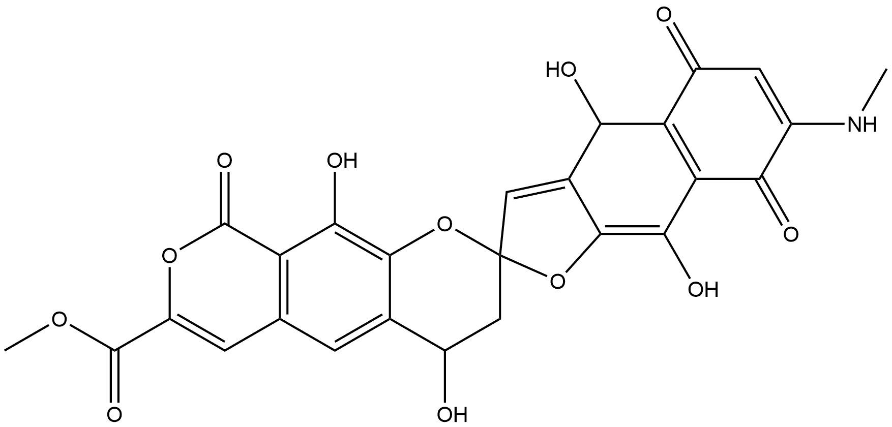 Spiro[benzo[1,2-b:5,4-c']dipyran-2(3H),2'(3'H)-naphtho[2,3-b]furan]-7-carboxylic acid, 4,5',8',9-tetrahydro-4,4',9',10-tetrahydroxy-7'-(methylamino)-5',8',9-trioxo-, methyl ester (9CI) Structural