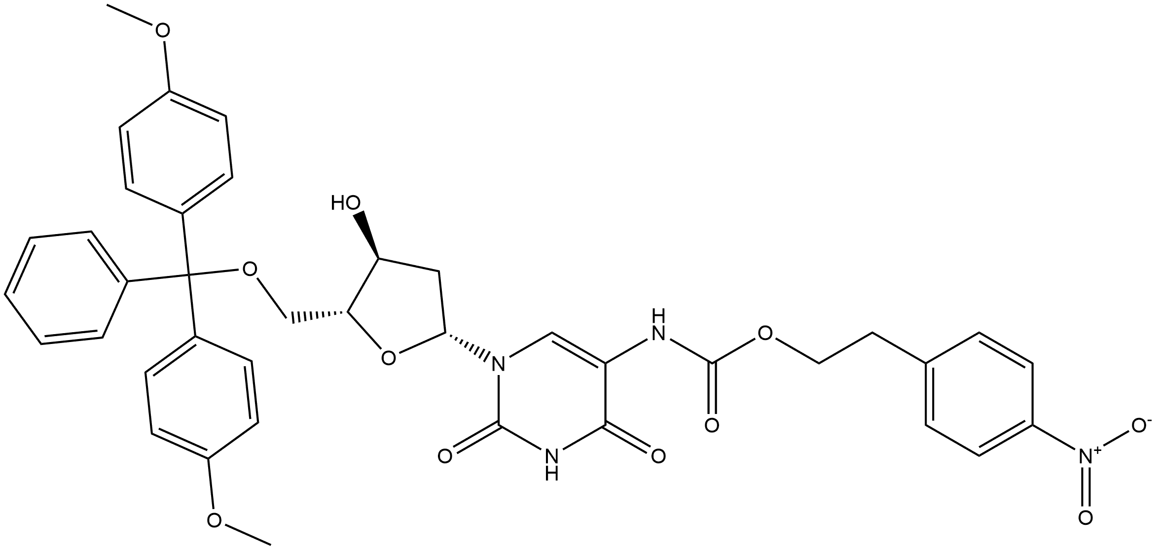 Uridine, 5'-O-[bis(4-methoxyphenyl)phenylmethyl]-2'-deoxy-5-[[[2-(4-nitrophenyl)ethoxy]carbonyl]amino]- (9CI) Structural