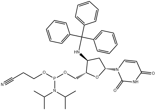 Uridine, 2',3'-dideoxy-3'-[(triphenylmethyl)amino]-, 5'-[2-cyanoethyl bis(1-methylethyl)phosphoramidite] (9CI) Structural