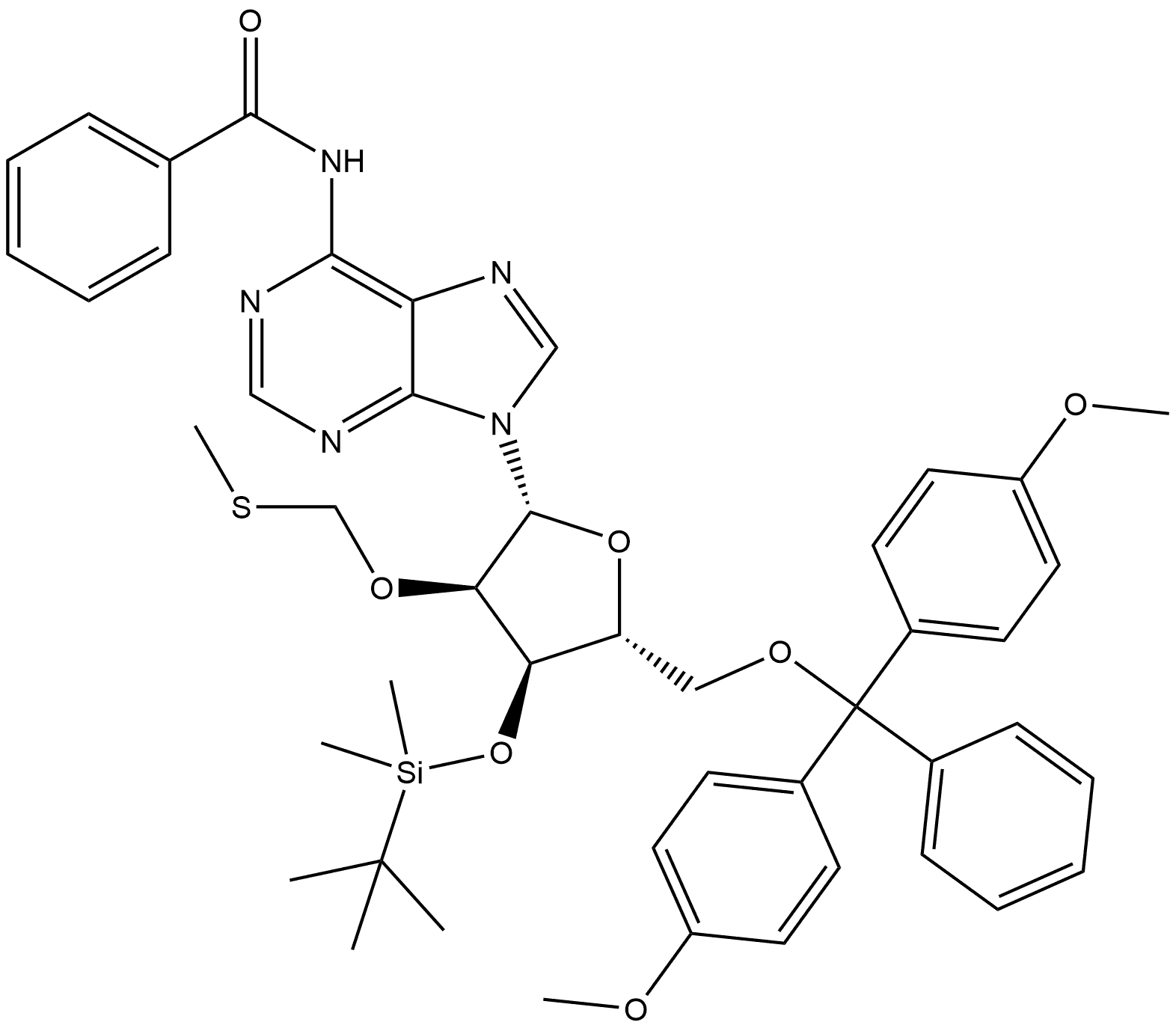 Adenosine, N-benzoyl-5'-O-[bis(4-methoxyphenyl)phenylmethyl]-3'-O-[(1,1-dimethylethyl)dimethylsilyl]-2'-O-[(methylthio)methyl]- (9CI) Structural