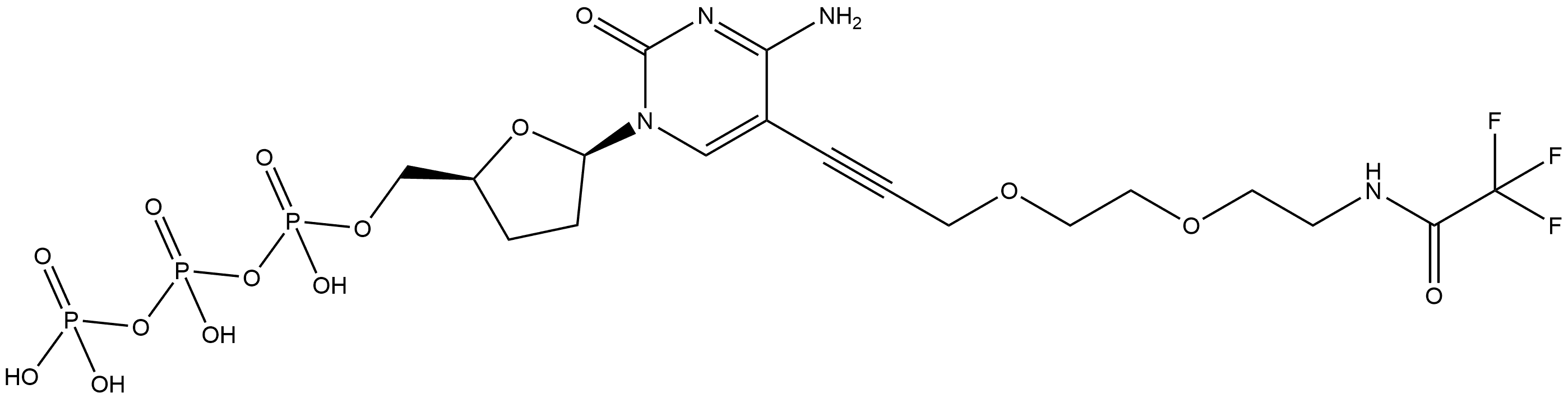 Cytidine 5'-(tetrahydrogen triphosphate), 2',3'-dideoxy-5-[3-[2-[2-[(trifluoroacetyl)amino]ethoxy]ethoxy]-1-propynyl]- (9CI) Structural