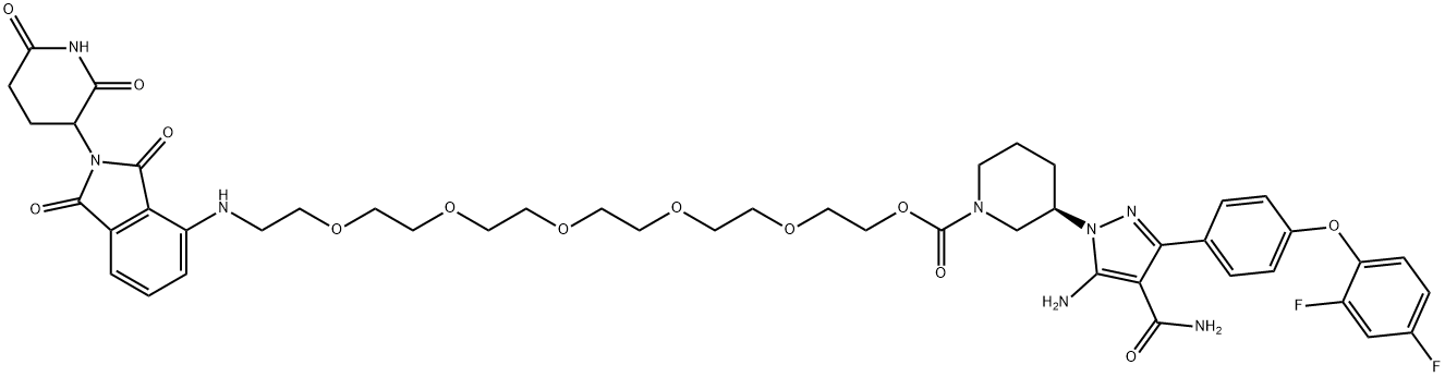 1-?Piperidinecarboxylic acid, 3-?[5-?amino-?4-?(aminocarbonyl)?-?3-?[4-?(2,?4-?difluorophenoxy)?phenyl]?-?1H-?pyrazol-?1-?yl]?-?, 17-?[[2-?(2,?6-?dioxo-?3-?piperidinyl)?-?2,?3-?dihydro-?1,?3-?dioxo-?1H-?isoindol-?4-?yl]?amino]?-?3,?6,?9,?12,?15-?pentaoxaheptadec-?1-?yl ester, (3R)?- Structural