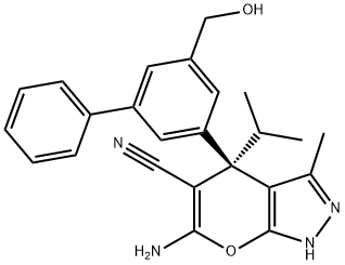 Pyrano[2,3-c]pyrazole-5-carbonitrile, 6-amino-1,4-dihydro-4-[5-(hydroxymethyl)[1,1'-biphenyl]-3-yl]-3-methyl-4-(1-methylethyl)-, (4S)- Structural