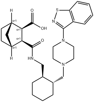 Bicyclo[2.2.1]?heptane-?2-?carboxylic acid, 3-?[[[[(1R,?2R)?-?2-?[[4-?(1,?2-?benzisothiazol-?3-?yl)?-?1-?piperazinyl]?methyl]?cyclohexyl]?methyl]?amino]?carbonyl]?-?, (1S,?2R,?3S,?4R)?-?rel- Structural