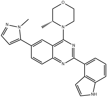 Quinazoline, 2-(1H-indol-4-yl)-4-[(3R)-3-methyl-4-morpholinyl]-6-(1-methyl-1H-pyrazol-5-yl)- Structural