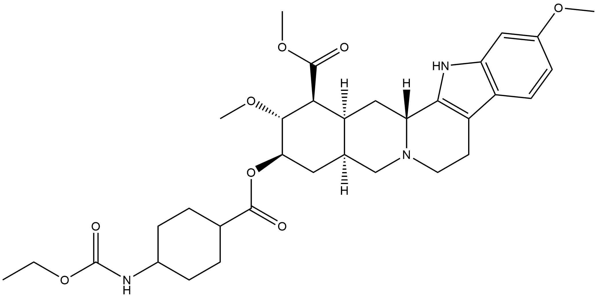 Yohimban-16-carboxylic acid, 18-[[[4-[(ethoxycarbonyl)amino]cyclohexyl]carbonyl]oxy]-11,17-dimethoxy-, methyl ester, (3β,16β,17α,18β,20α)- (9CI) Structural