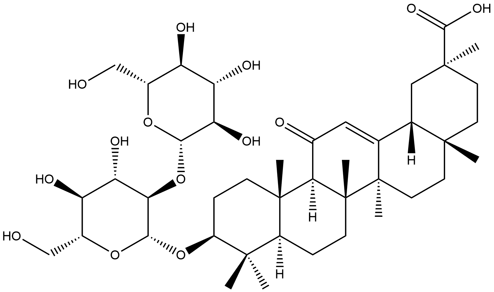 Olean-12-en-29-oic acid, 3-[(2-O-β-D-glucopyranosyl-β-D-glucopyranosyl)oxy]-11-oxo-, (3β,20β)- Structural
