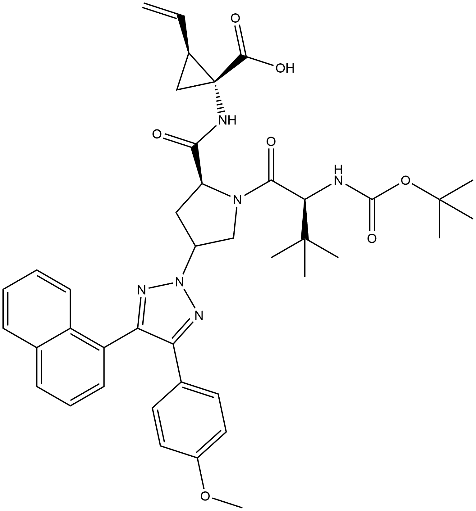 Cyclopropanecarboxylic acid, N-[(1,1-dimethylethoxy)carbonyl]-3-methyl-L-valyl-(4R)-4-[4-(4-methoxyphenyl)-5-(1-naphthalenyl)-2H-1,2,3-triazol-2-yl]-L-prolyl-1-amino-2-ethenyl-, (1R,2S)- (9CI) Structural
