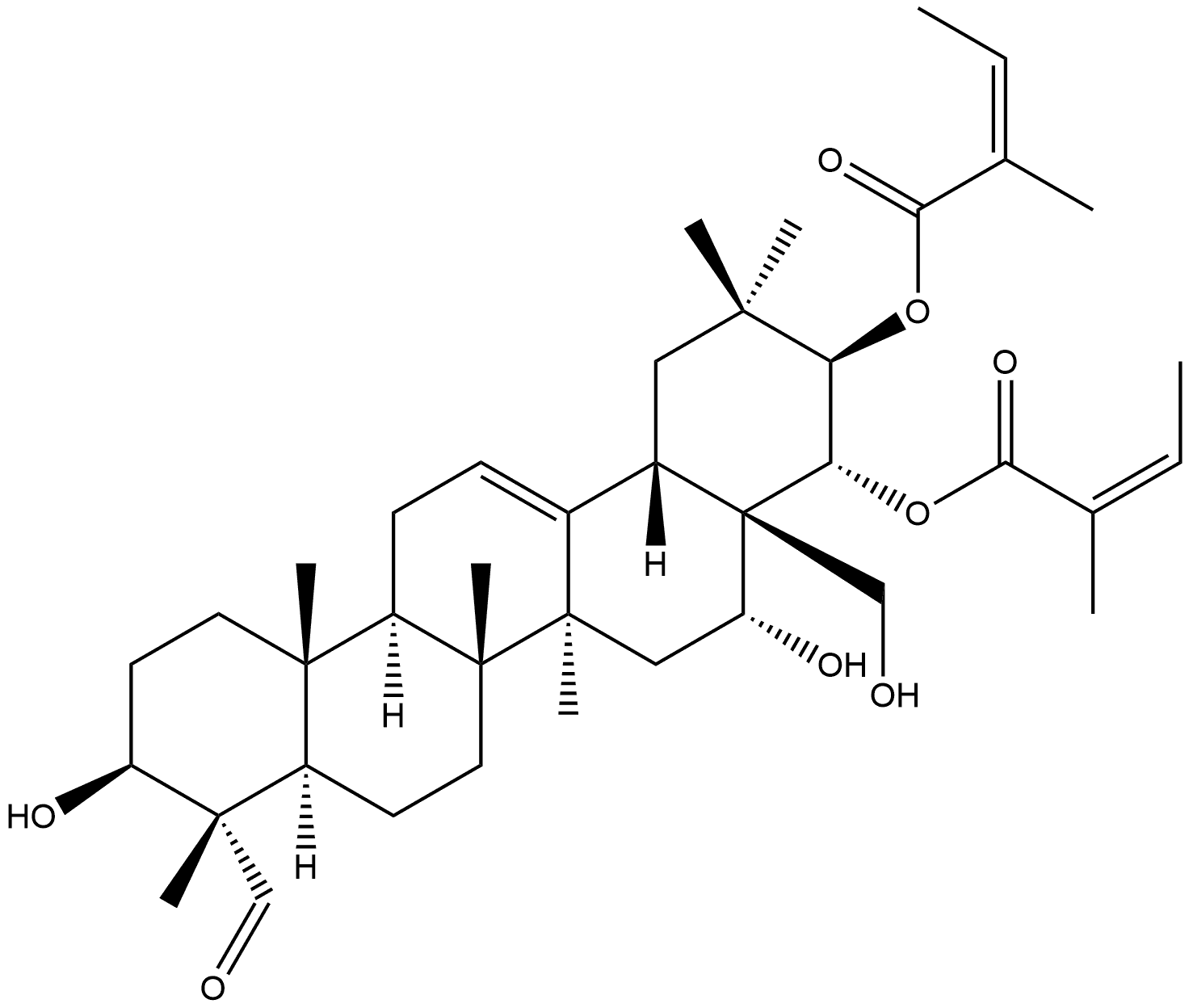 Olean-12-en-23-al, 3,16,28-trihydroxy-21,22-bis[[(2Z)-2-methyl-1-oxo-2-buten-1-yl]oxy]-, (3β,4α,16α,21β,22α)- Structural