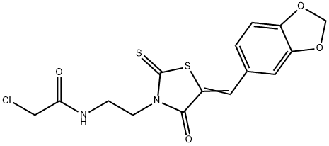 N-{2-[5-(1,3-dioxaindan-5-ylmethylidene)-4-oxo-2-sulfanylidene-1,3-thiazolidin-3-yl]ethyl}-2-chloroacetamide Structural