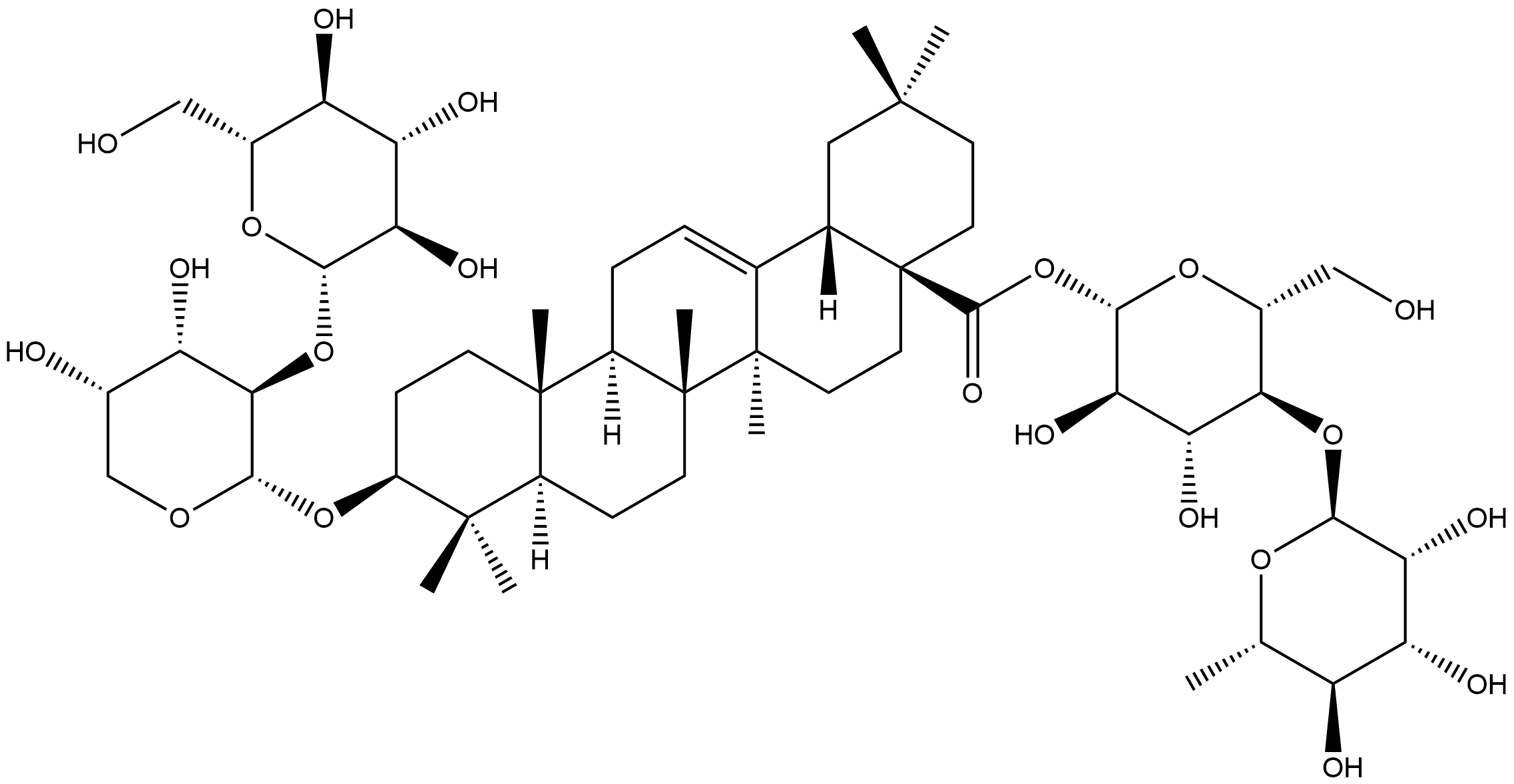 Olean-12-en-28-oic acid, 3-[(2-O-β-D-glucopyranosyl-α-L-arabinopyranosyl)oxy]-, 4-O-(6-deoxy-α-L-mannopyranosyl)-β-D-glucopyranosyl ester, (3β)- Structural