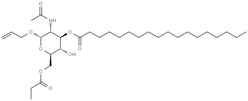 Octadecanoic acid (2S,3R,4R,5S,6R)-3-acetylamino-2-allyloxy-5-hydroxy-6-propionyloxymethyl-tetrahydro-pyran-4-yl ester Structural