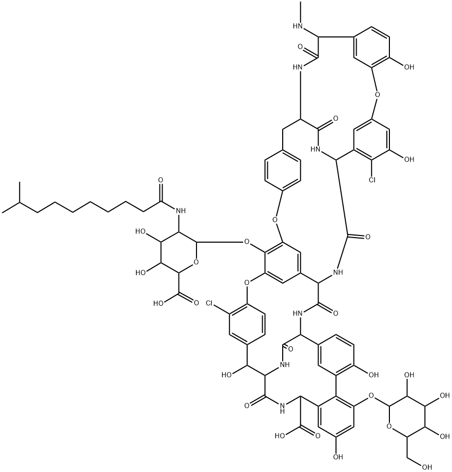 Ristomycin A aglycone, 5,31-dichloro-7-demethyl-64-O-demethyl-19-deoxy-56-O-[2-deoxy-2-[(9-methyl-1-oxodecyl)amino]-β-D-glucopyranuronosyl]-42-O-α-D-mannopyranosyl-N15-methyl- Structural