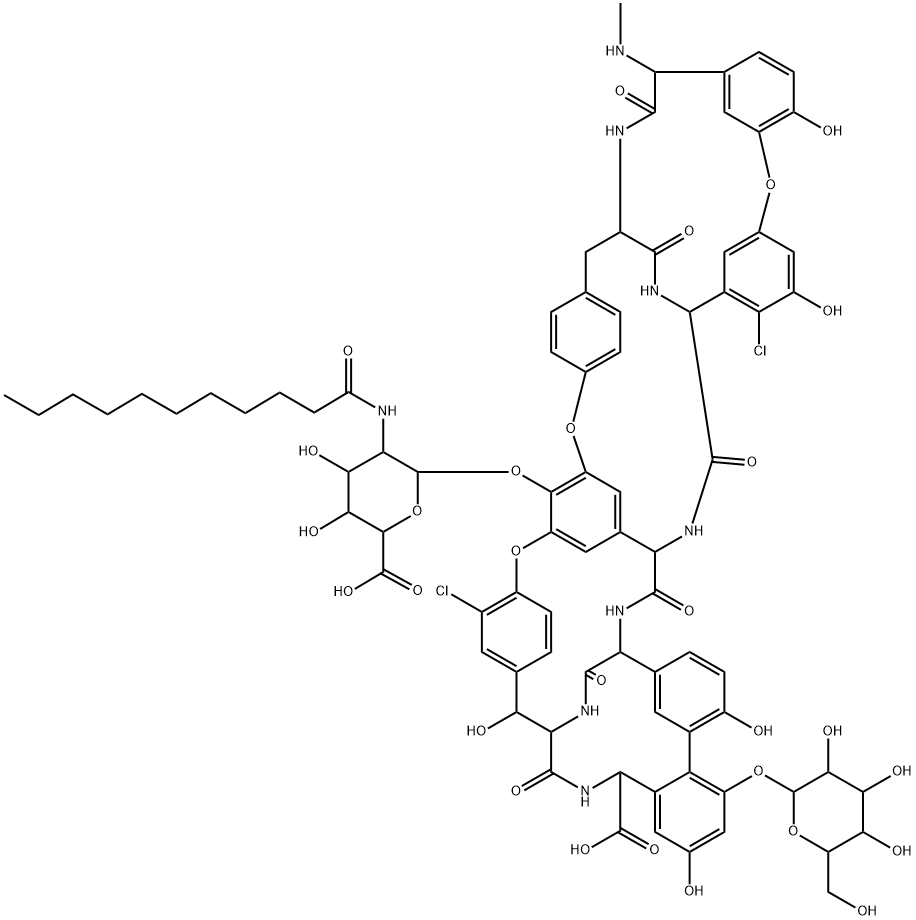 Ristomycin A aglycone, 5,31-dichloro-7-demethyl-64-O-demethyl-19-deoxy-56-O-[2-deoxy-2-[(1-oxoundecyl)amino]-β-D-glucopyranuronosyl]-42-O-α-D-mannopyranosyl-N15-methyl- Structural