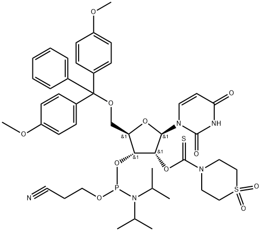 O5′-(4,4′-dimethoxytrityl)-O2′-(1,1-dioxothiomorpholine-4-thiocarbonyl)uridine O3′-(O-(2-cyanoethyl)-N,N-diisopropylphosphoramidite) Structural