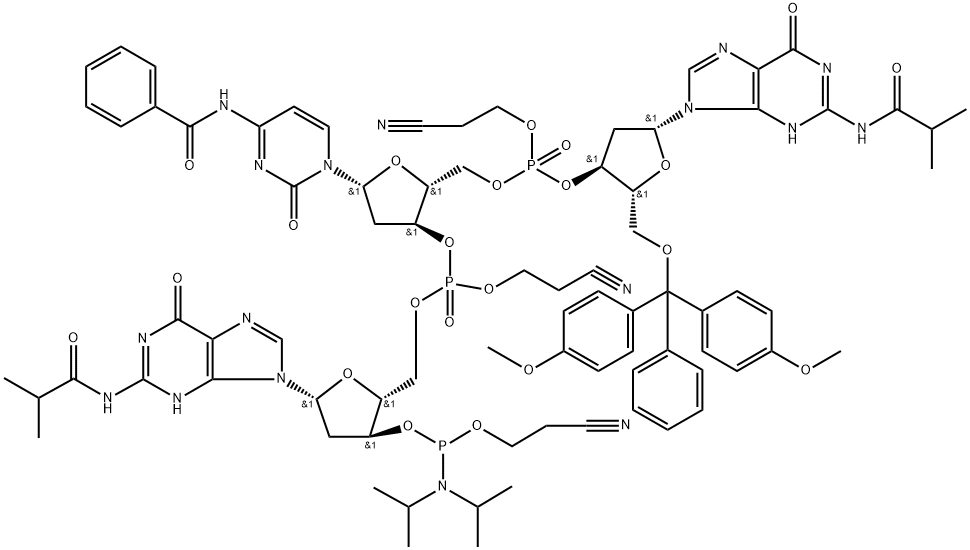 Guanosine, 5′-O-[bis(4-methoxyphenyl)phenylmethyl]-P-(2-cyanoethyl)-2′-deoxy-N-(2-methyl-1-oxopropyl)guanylyl-(3′→5′)-N-benzoyl-P-(2-cyanoethyl)-2′-deoxycytidylyl-(3′→5′)-2′-deoxy-N-(2-methyl-1-oxopropyl)-, 3′-[2-cyanoethyl N,N-bis(1-methylethyl)phosphoramidite] Structural