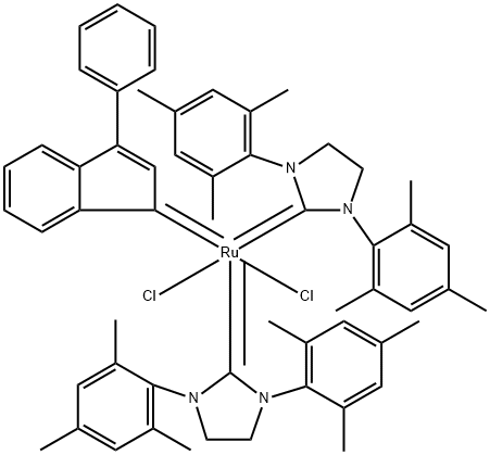 Ruthenium, bis[1,3-bis(2,4,6-trimethylphenyl)-2-imidazolidinylidene]dichloro(3-phenyl-1H-inden-1-ylidene)-, (SP-5-31)- Structural