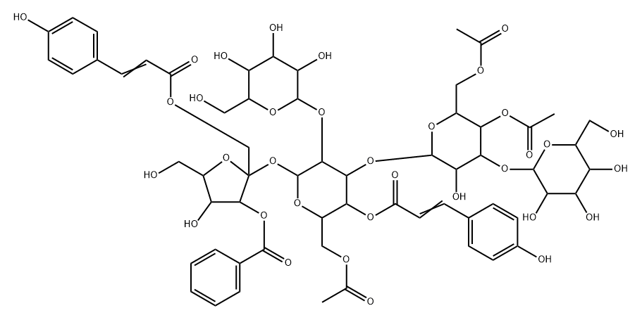 a-D-Glucopyranoside,3-O-benzoyl-1-O-[(2E)-3-(4-hydroxyphenyl)-1-oxo-2-propenyl]-b-D-fructofuranosyl O-b-D-glucopyranosyl-(1(R)2)-O-[O-b-D-glucopyranosyl-(1(R)3)-4,6-di-O-acetyl-b-D-glucopyranosyl-(1(R)3)]-, 6-acetate4-[(2E)-3-(4-hydroxyphenyl)-2-propenoate] (9CI)