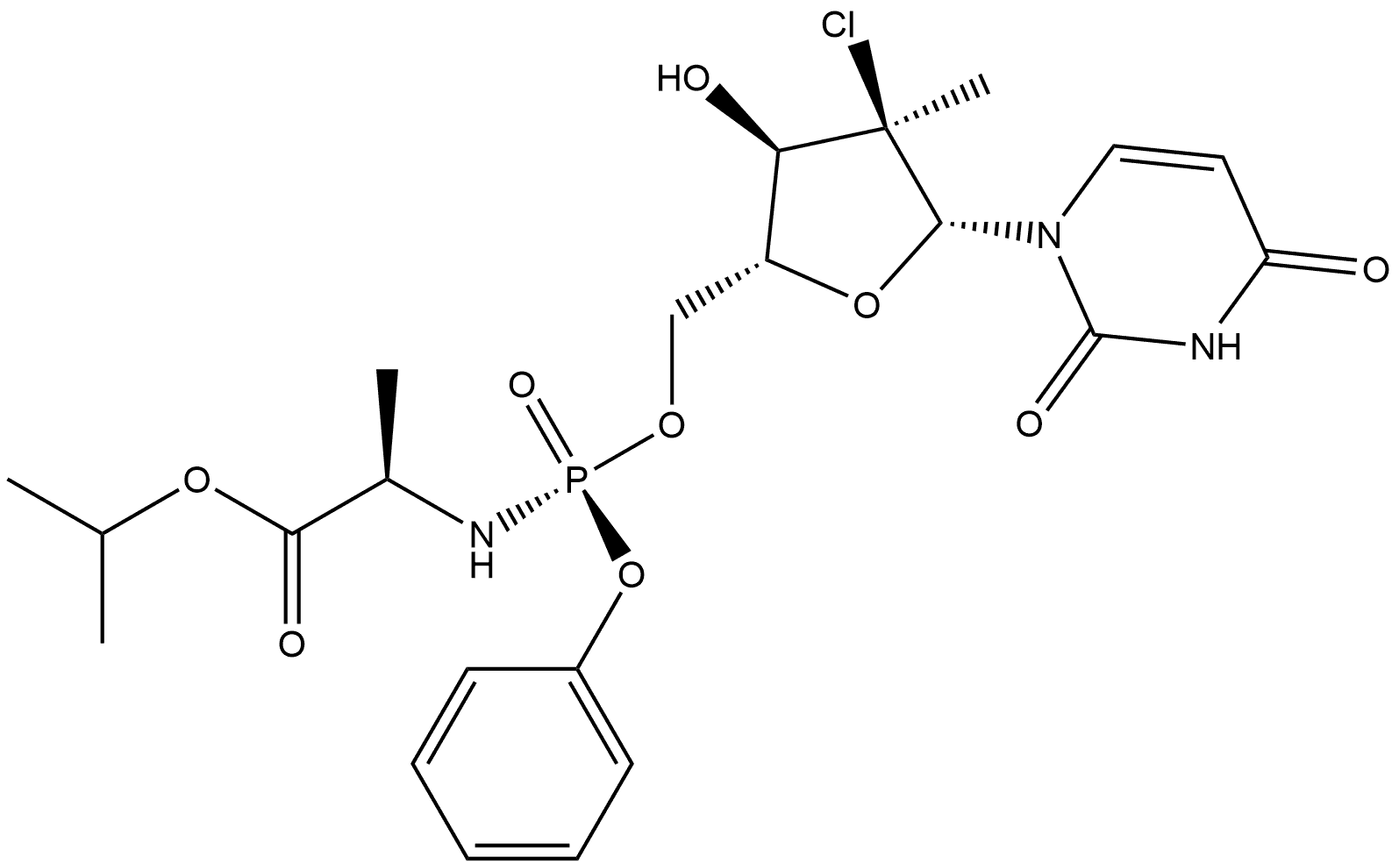 D-Alanine, N-[[P(S),2'R]-2'-chloro-2'-deoxy-2'-methyl-P-phenyl-5'-uridylyl]-, 1-methylethyl ester Structural