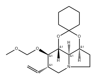 Spirocyclohexane-1,2-1,3dioxino4,5,6-hiindolizine, 8-ethenyloctahydro-9-(methoxymethoxy)-, 3aS-(3a.alpha.,8.alpha.,9.beta.,9a.beta.,9b.alpha.)- Structural