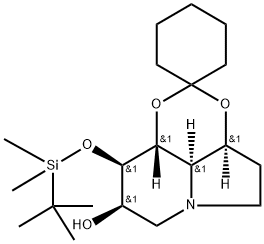 Spirocyclohexane-1,2-1,3dioxino4,5,6-hiindolizin-8-ol, 9-(1,1-dimethylethyl)dimethylsilyloxyoctahydro-, 3aS-(3a.alpha.,8.beta.,9.beta.,9a.beta.,9b.alpha.)- Structural