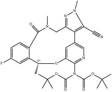 Imidodicarbonic acid, 2-[(10R)-3-cyano-12-fluoro-10,15,16,17-tetrahydro-2,10,16-trimethyl-15-oxo-2H-4,8-methenopyrazolo[4,3-h][2,5,11]benzoxadiazacyclotetradecin-7-yl]-, 1,3-bis(1,1-dimethylethyl) ester Structural