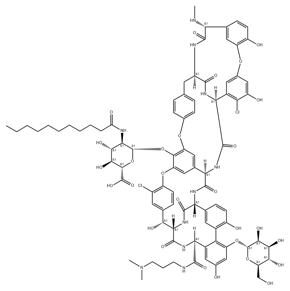 Ristomycin A aglycone, 5,31-dichloro-38-de(methoxycarbonyl)-7-demethyl-19-deoxy-56-O-[2-deoxy-2-[(1-oxoundecyl)amino]-β-D-glucopyranuronosyl]-38-[[[3-(dimethylamino)propyl]amino]carbonyl]-42-O-α-D-mannopyranosyl-N15-methyl- (9CI)