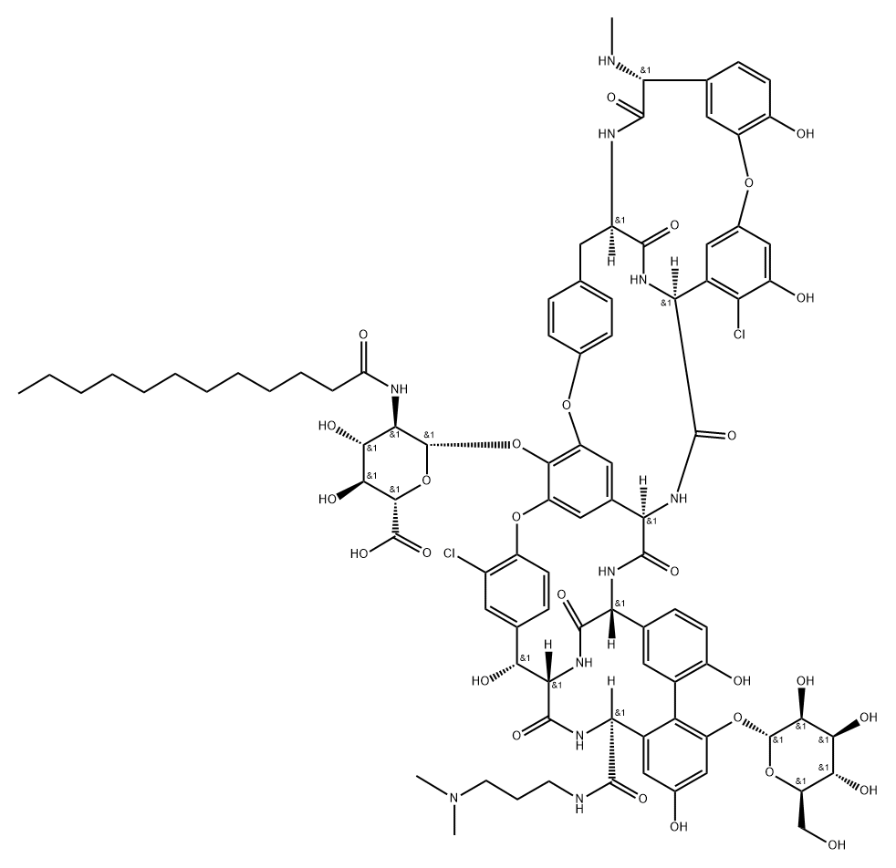 Ristomycin A aglycone, 5,31-dichloro-38-de(methoxycarbonyl)-7-demethyl-19-deoxy-56-O-[2-deoxy-2-[(1-oxododecyl)amino]-β-D-glucopyranuronosyl]-38-[[[3-(dimethylamino)propyl]amino]carbonyl]-42-O-α-D-mannopyranosyl-N15-methyl- (9CI) Structural
