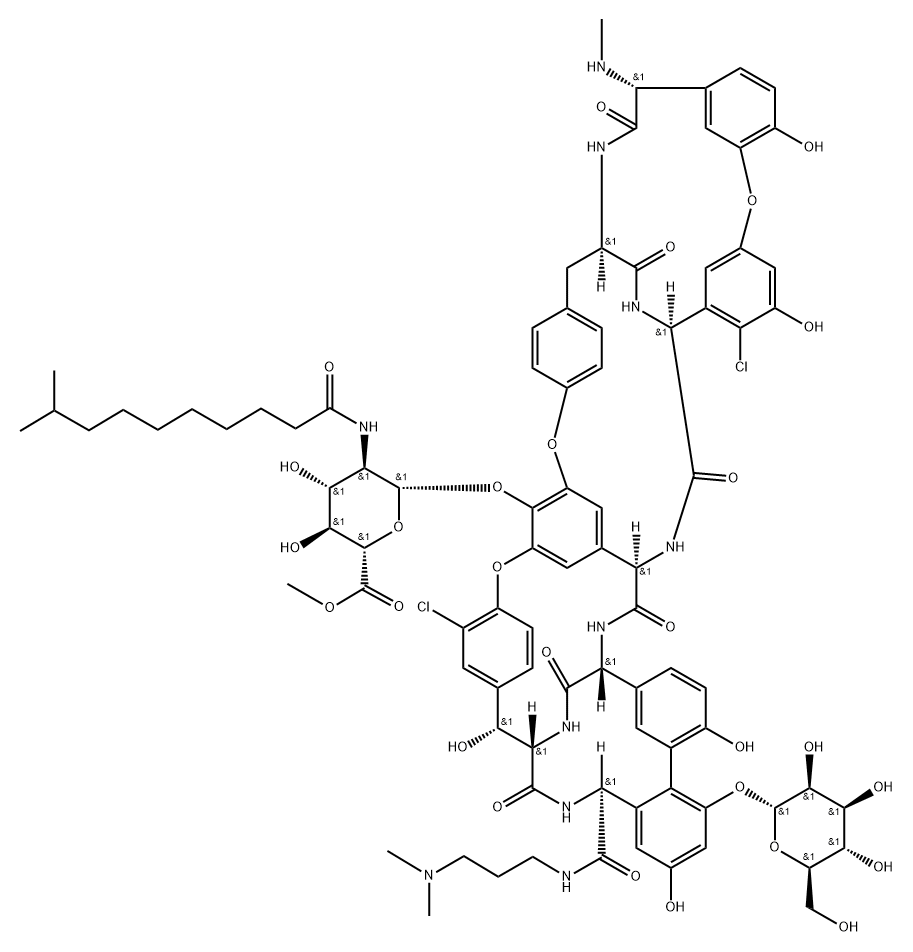 Ristomycin A aglycone, 5,31-dichloro-38-de(methoxycarbonyl)-7-demethyl-19-deoxy-56-O-[2-deoxy-6-methyl-2-[(9-methyl-1-oxodecyl)amino]-β-D-glucopyranuronosyl]-38-[[[3-(dimethylamino)propyl]amino]carbonyl]-42-O-α-D-mannopyranosyl-N15-methyl- (9CI) Structural