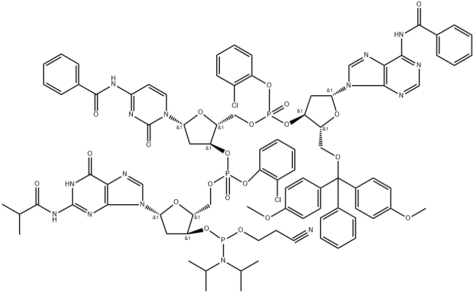 Guanosine, N-benzoyl-5′-O-[bis(4-methoxyphenyl)phenylmethyl]-P-(2-chlorophenyl)-2′-deoxyadenylyl-(3′→5′)-N-benzoyl-P-(2-chlorophenyl)-2′-deoxyadenylyl-(3′→5′)-2′-deoxy-N-(2-methyl-1-oxopropyl)-, 3′-[2-cyanoethyl bis(1-methylethyl)phosphoramidite] Structural