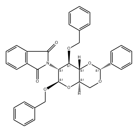 Phenylmethyl 2-deoxy-2-(1,3-dihydro-1,3-dioxo-2H-isoindol-2-yl)-3-O-(phenylmethyl)-4,6-O-[(R)-phenylmethylene]-beta-D-glucopyranoside Structural