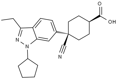 Cyclohexanecarboxylic acid, 4-cyano-4-(1-cyclopentyl-3-ethyl-1H-indazol-6-yl)-, cis- Structural